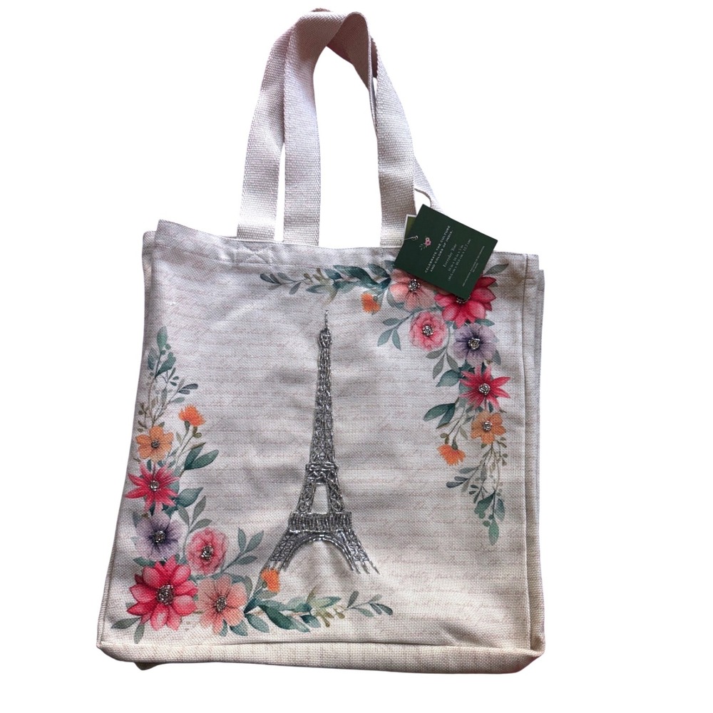 Paris Eiffel Tower Beaded Floral Large‎ Reusable Shopping Tote Bag NWT